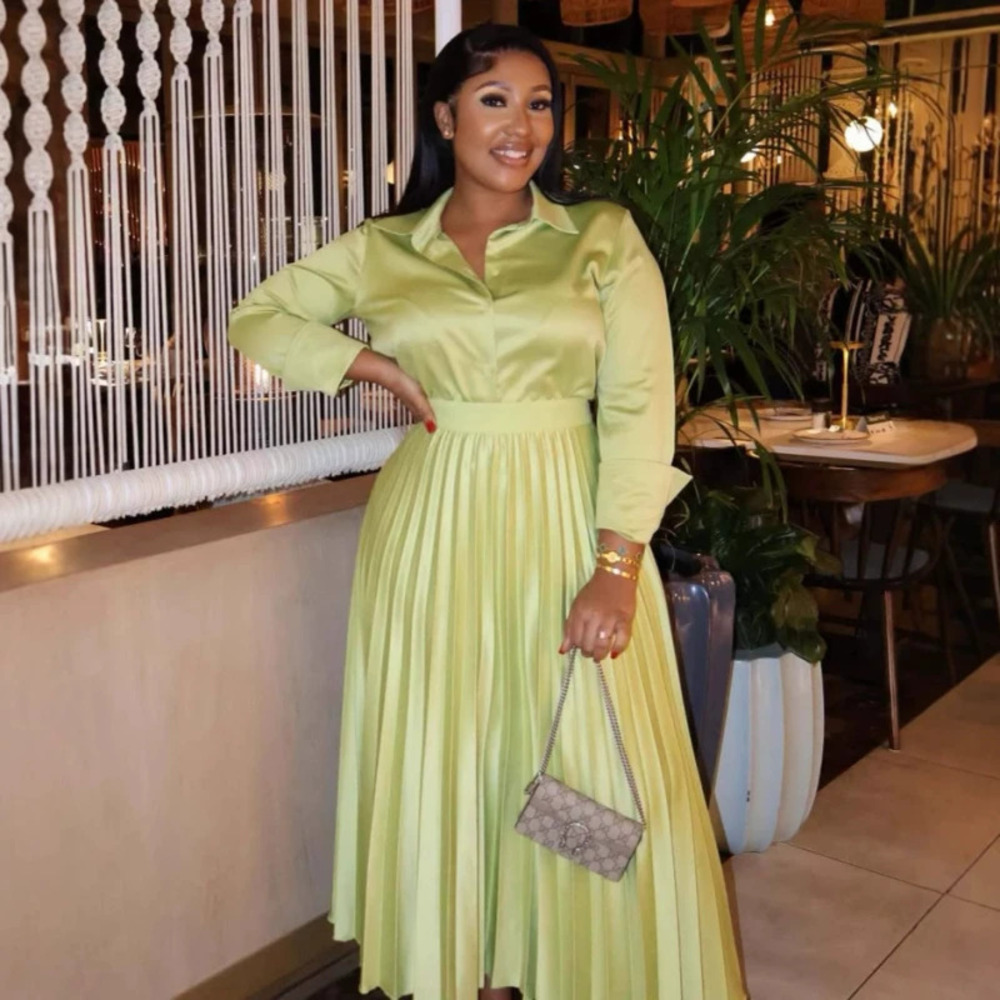 ZARA Light Luxury Long Sleeve Shirt African Pleated Midi Skirt Two Piece Set